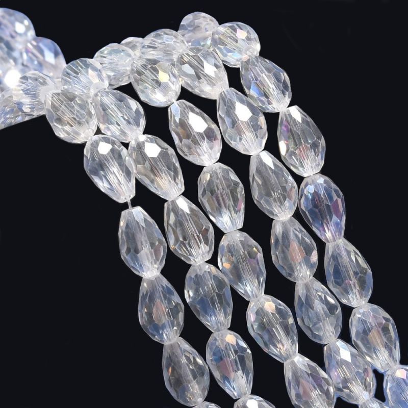 Skleněný drop 12x8 mm, 58 ks, čirá s AB pokovem