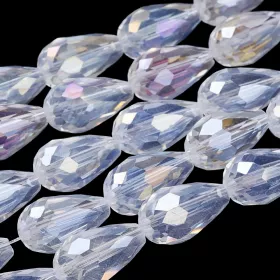 Skleněný drop 15x10 mm, 45 ks na šňůře, čiré s AB pokovem