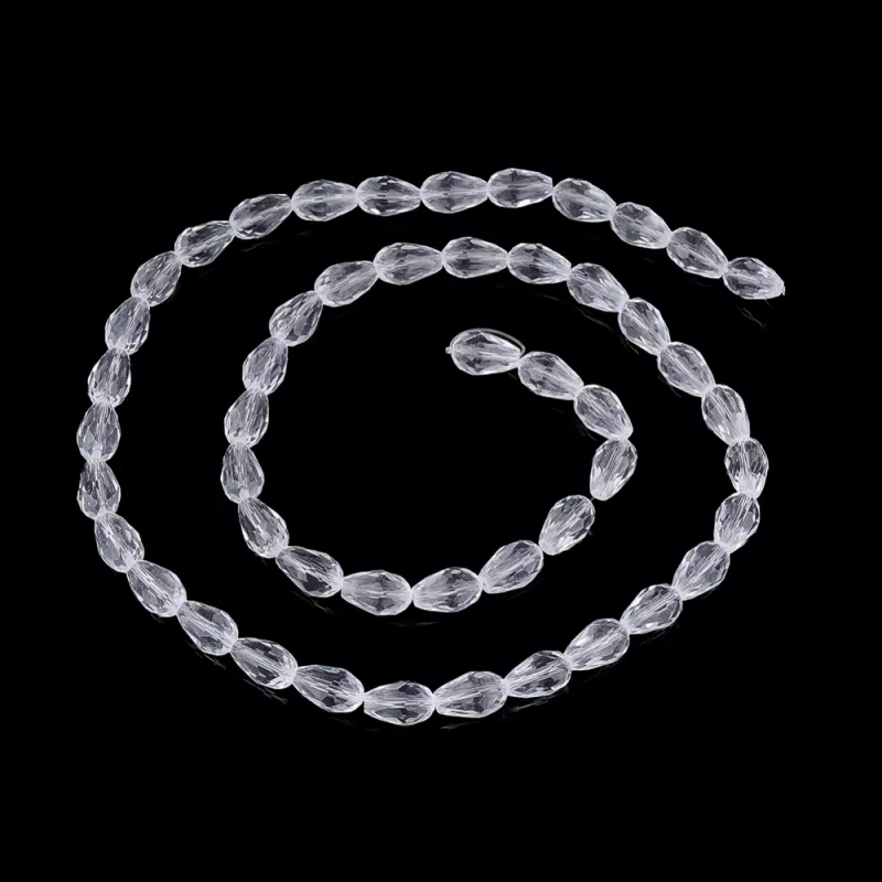 Skleněný drop 15x10 mm, 45 ks na šňůře, čiré s lustrovým pokovem