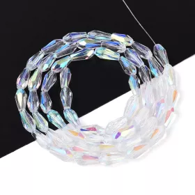 Skleněný drop 9x4 mm, 55 ks na šňůře, čiré s AB pokovem