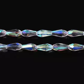 Skleněný drop 9x4 mm, 55 ks na šňůře, čiré s AB pokovem