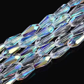 Skleněný drop 9x4 mm, 55 ks na šňůře, čiré s AB pokovem