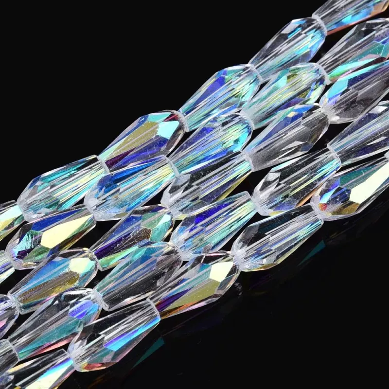 Skleněný drop 9x4 mm, 55 ks na šňůře, čiré s AB pokovem